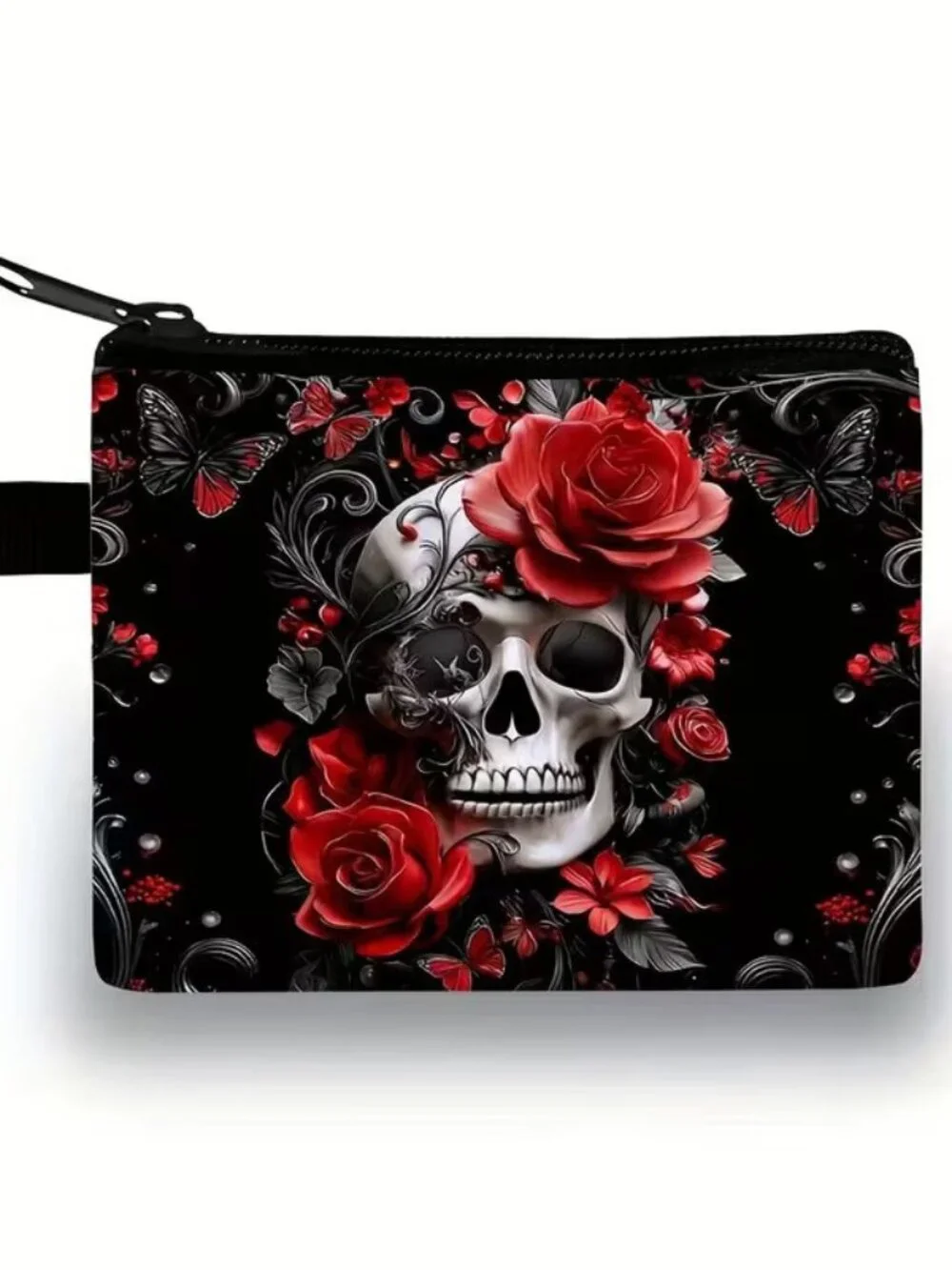 Halloween Dark Goth Skull & Red Roses Make Up Bag Double-Sided 4.1h